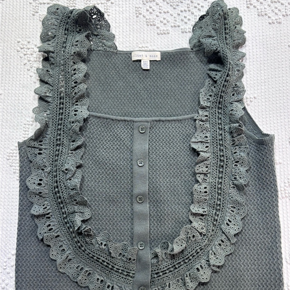 Sleeveless Ruffle-Trim Knit Tank Slate Green barely worn
